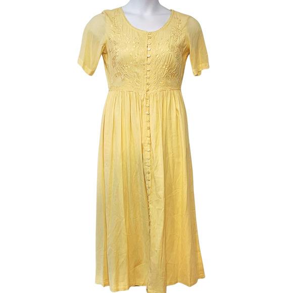 Vtg 90's Together Sz S Midi Dress Button Front Embroidered Yellow Gauze Cottage - Picture 1 of 12